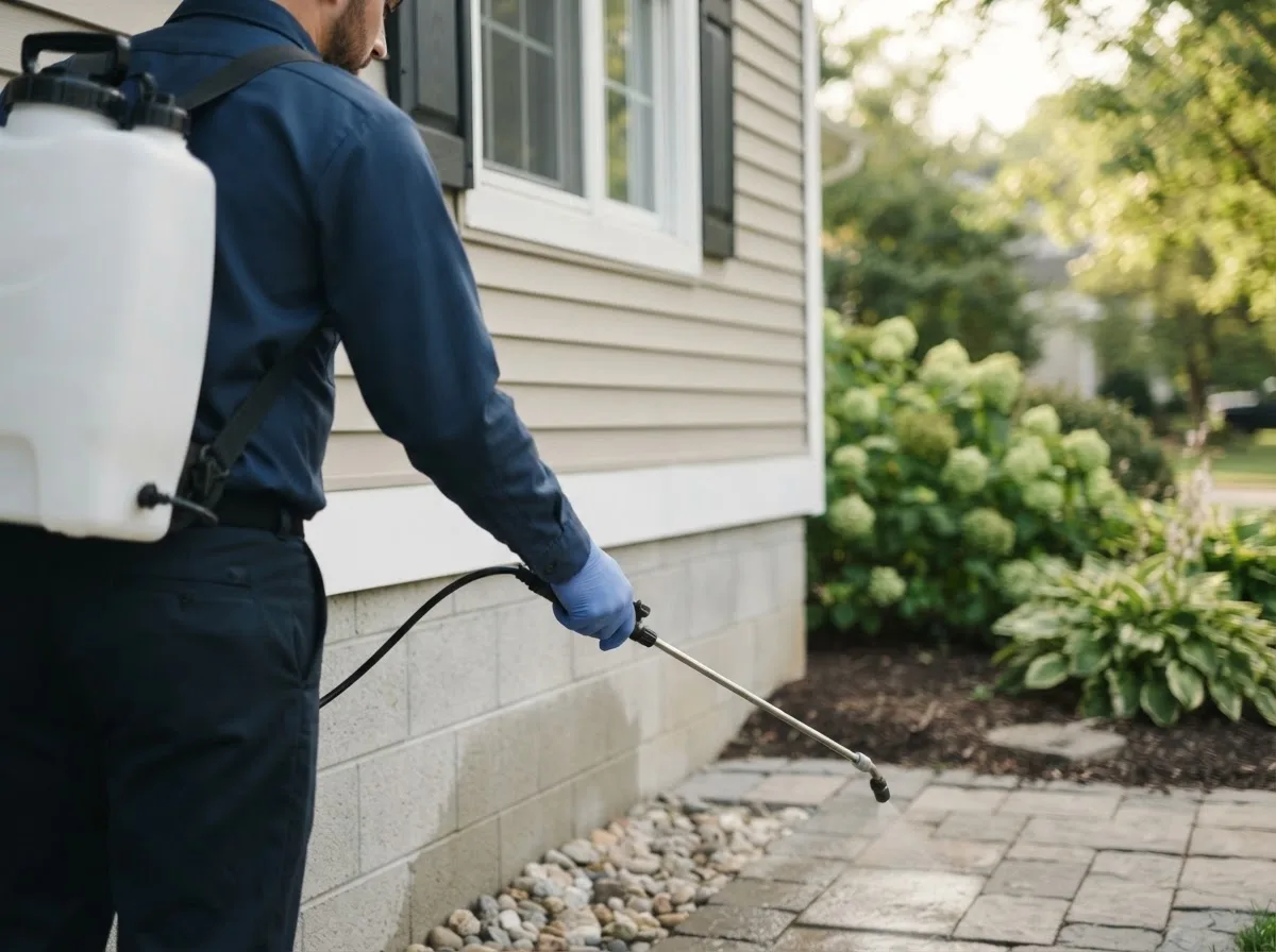 Pest control technician inspecting a home in Preston, GA